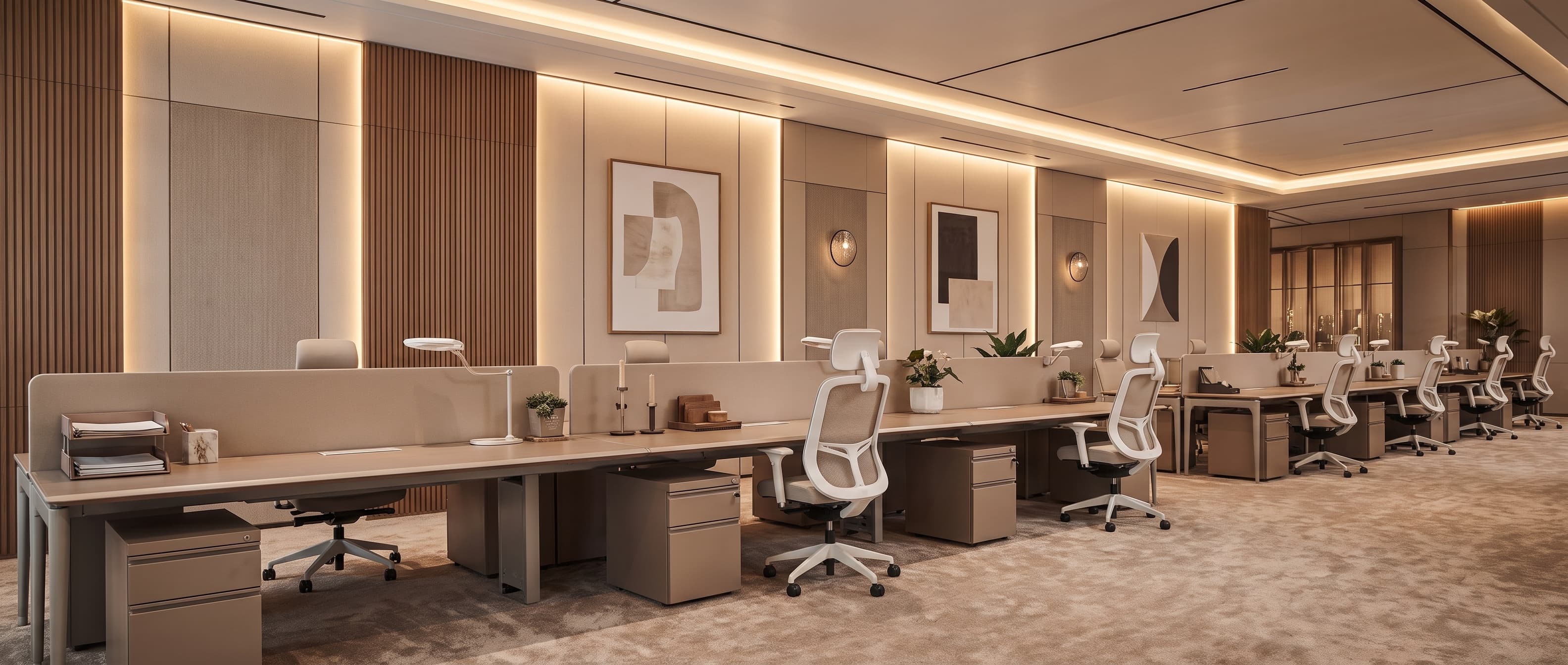 Inside an office suite: open workspace along timber panelling, mesh chairs and warm cove lighting