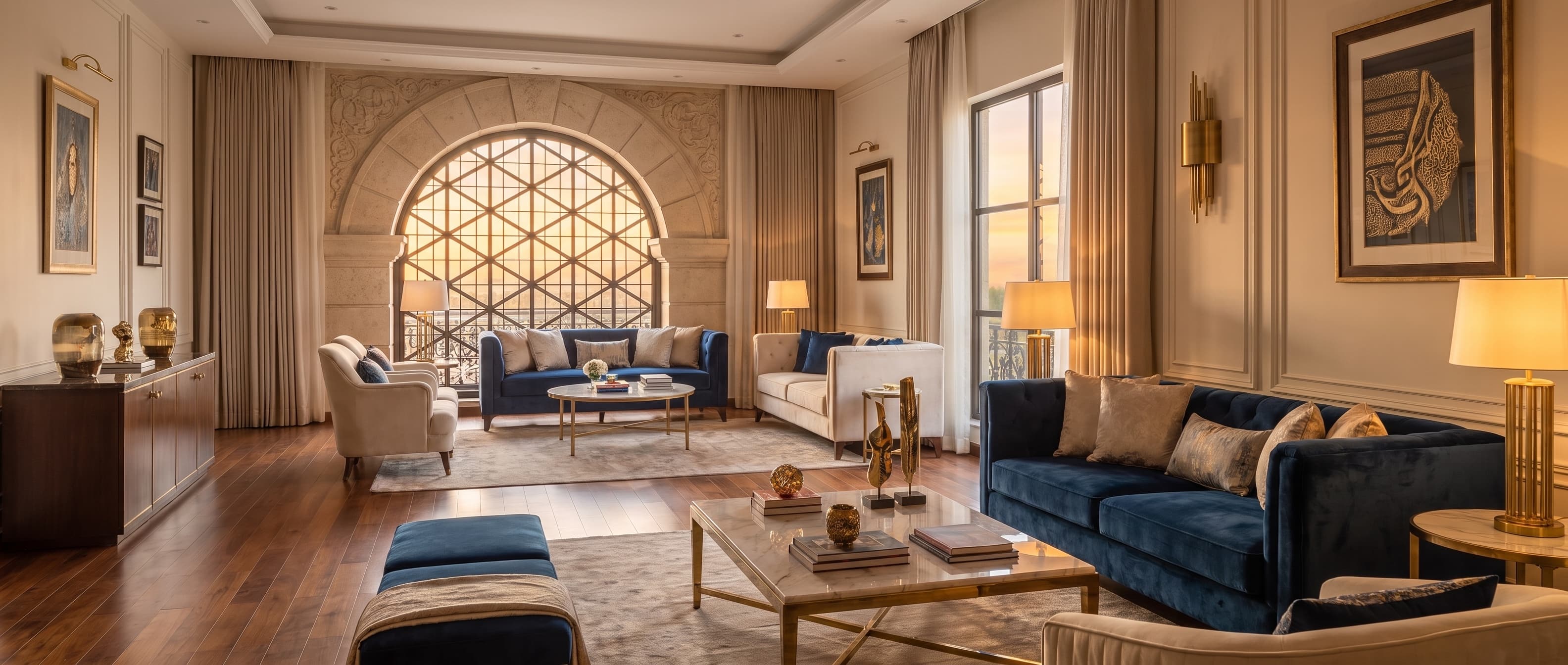 Inside a residence at golden hour: a lounge running to an arched lattice window, with velvet seating and a balcony beyond