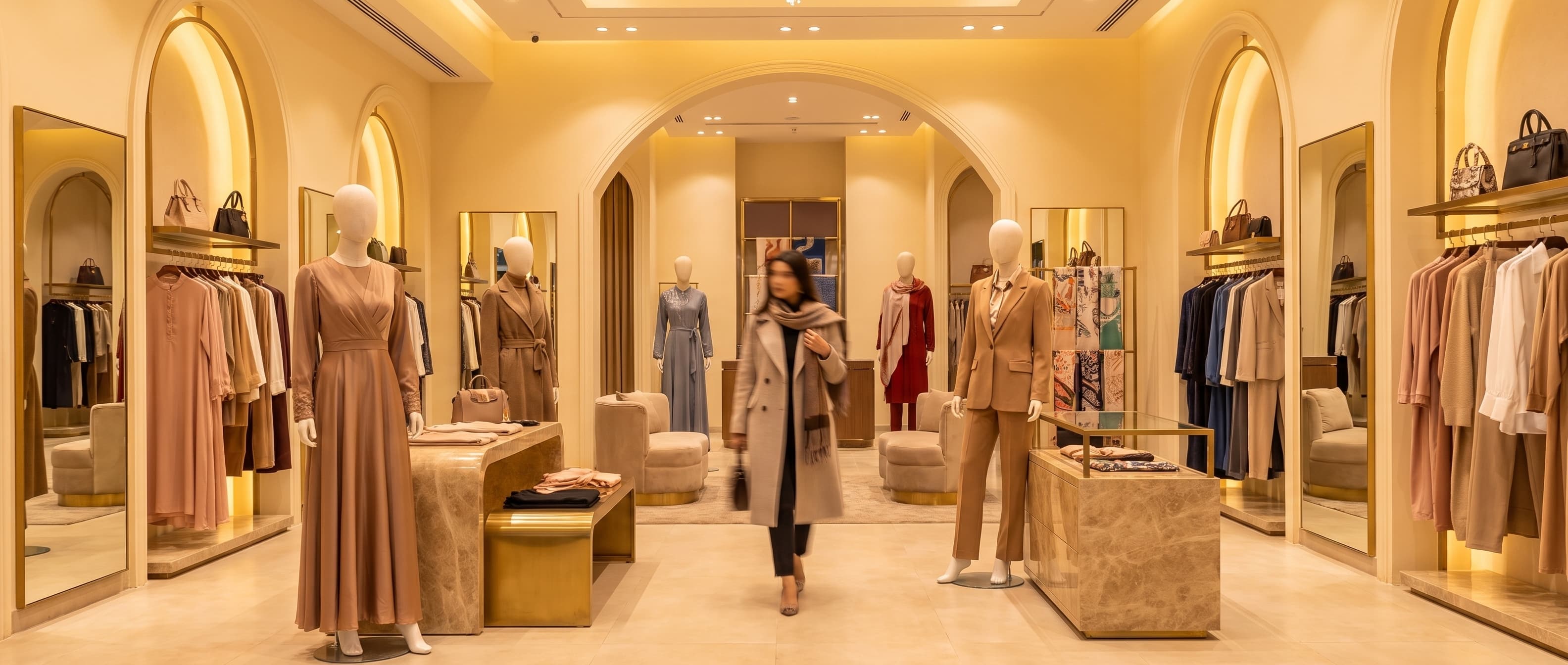 Inside a Galleria retail hall: arched lit niches, mannequins and brass rails, a shopper crossing the marble floor