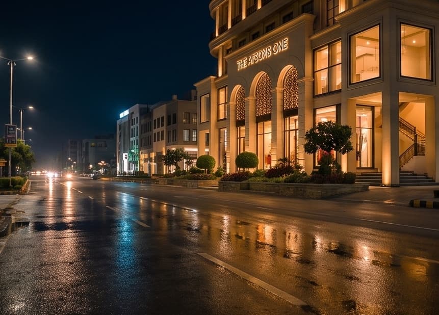 The Afsons One from the boulevard at night after rain