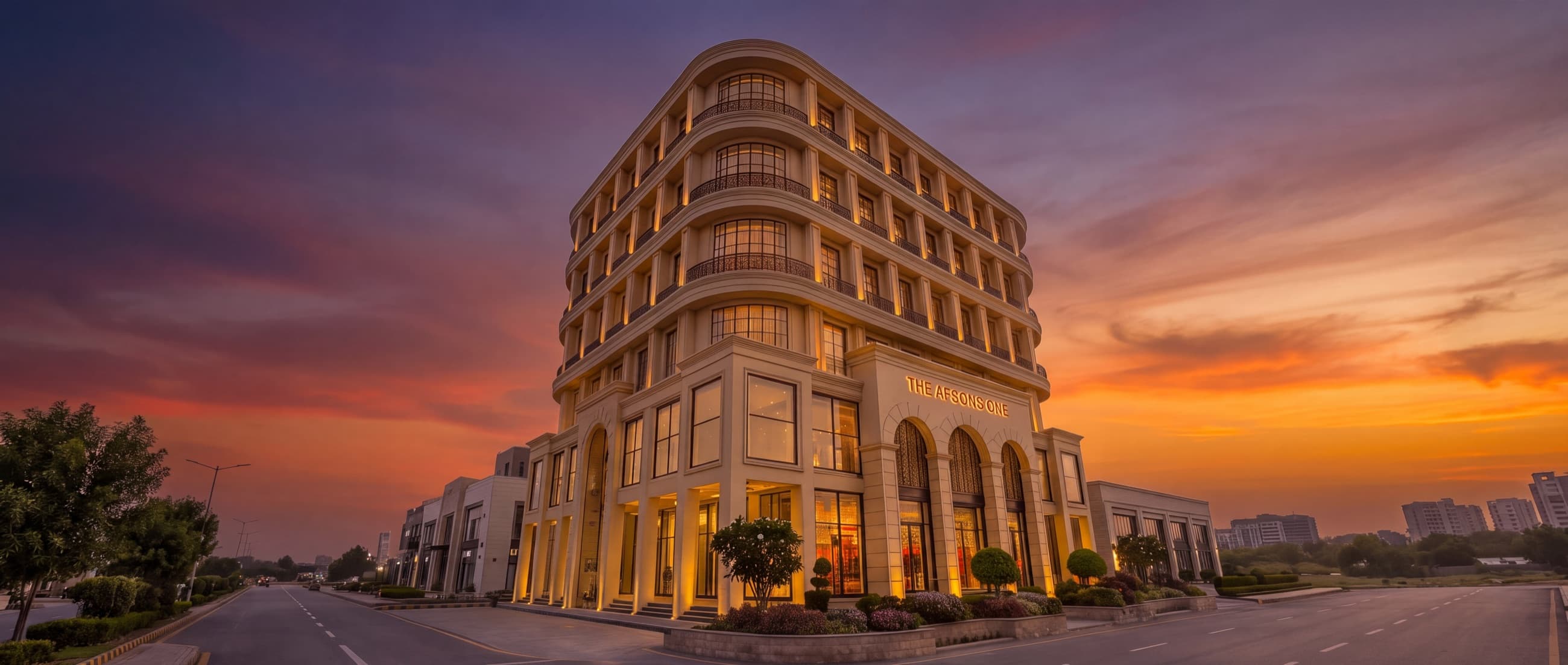 The Afsons One at sunset, seen from the corner of the boulevard