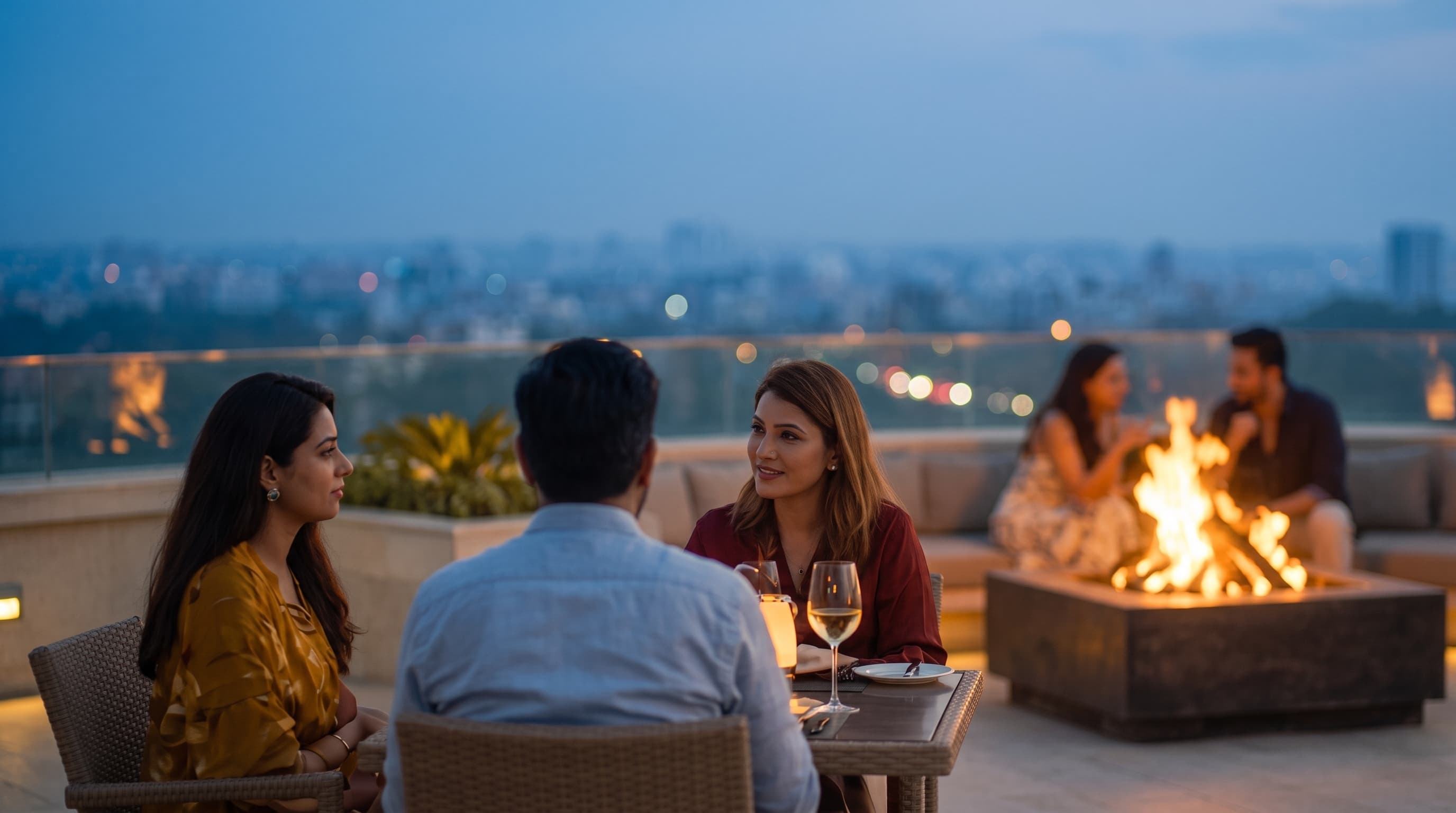 Friends at a table on the rooftop terrace at dusk, the fire pit lit and the city spread out behind