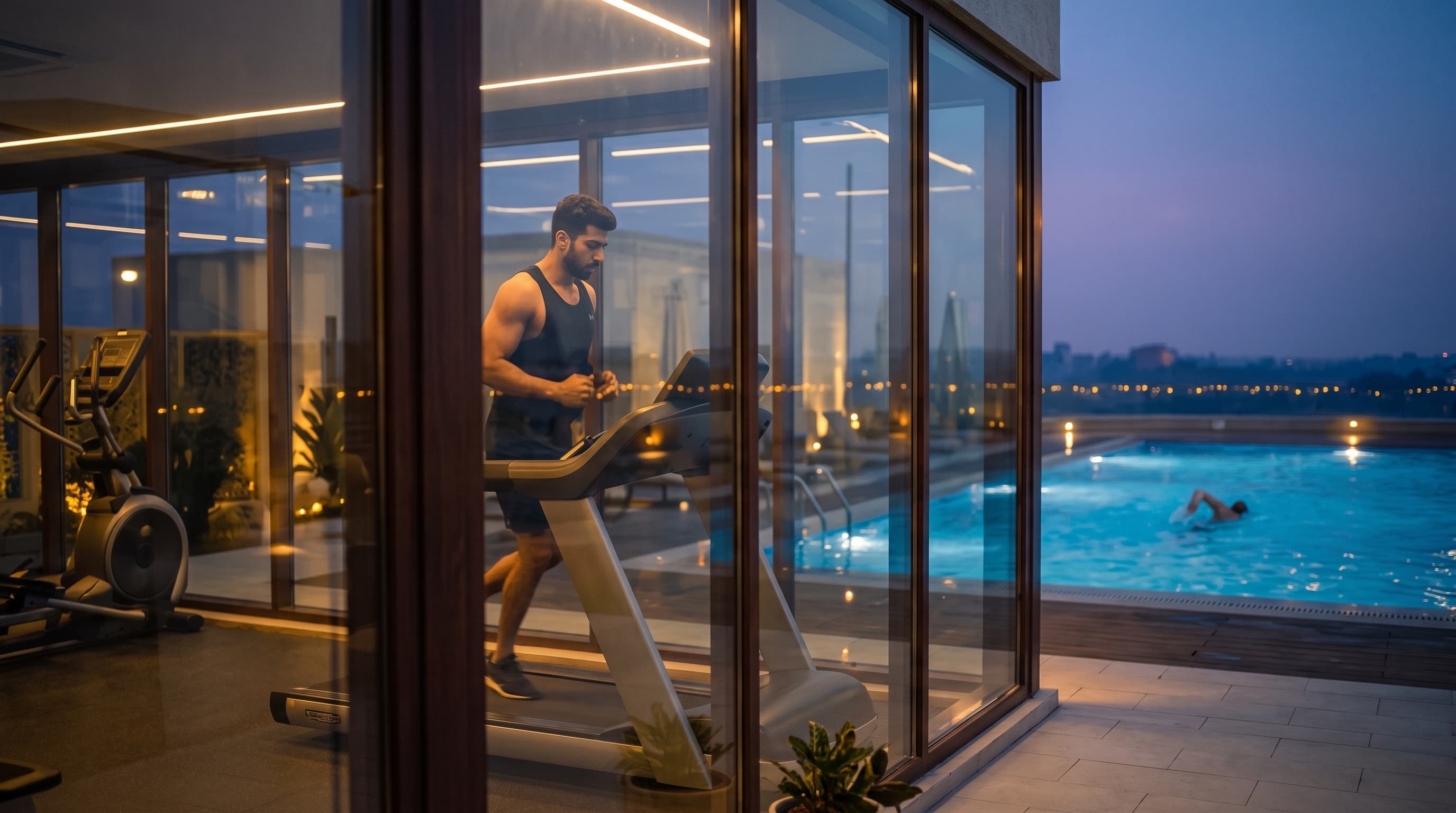 The rooftop gym at dusk seen through its glazing, a runner on the treadmill and a swimmer in the lit pool beyond
