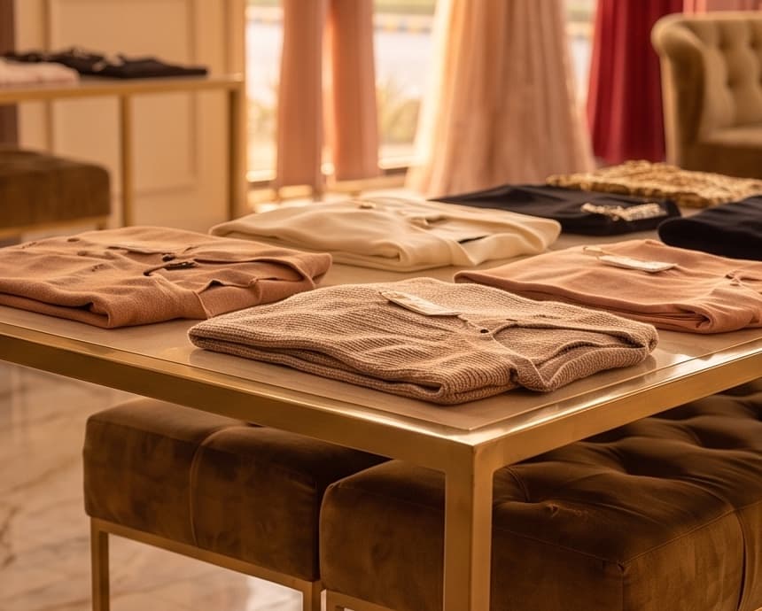 Folded knitwear on a brass display table, velvet benches alongside