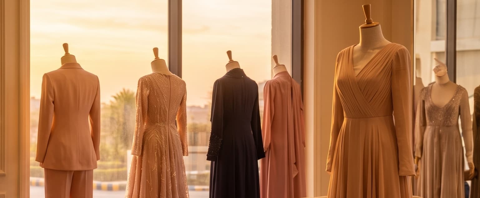 Mannequins ranged along the shop window at golden hour, the street beyond