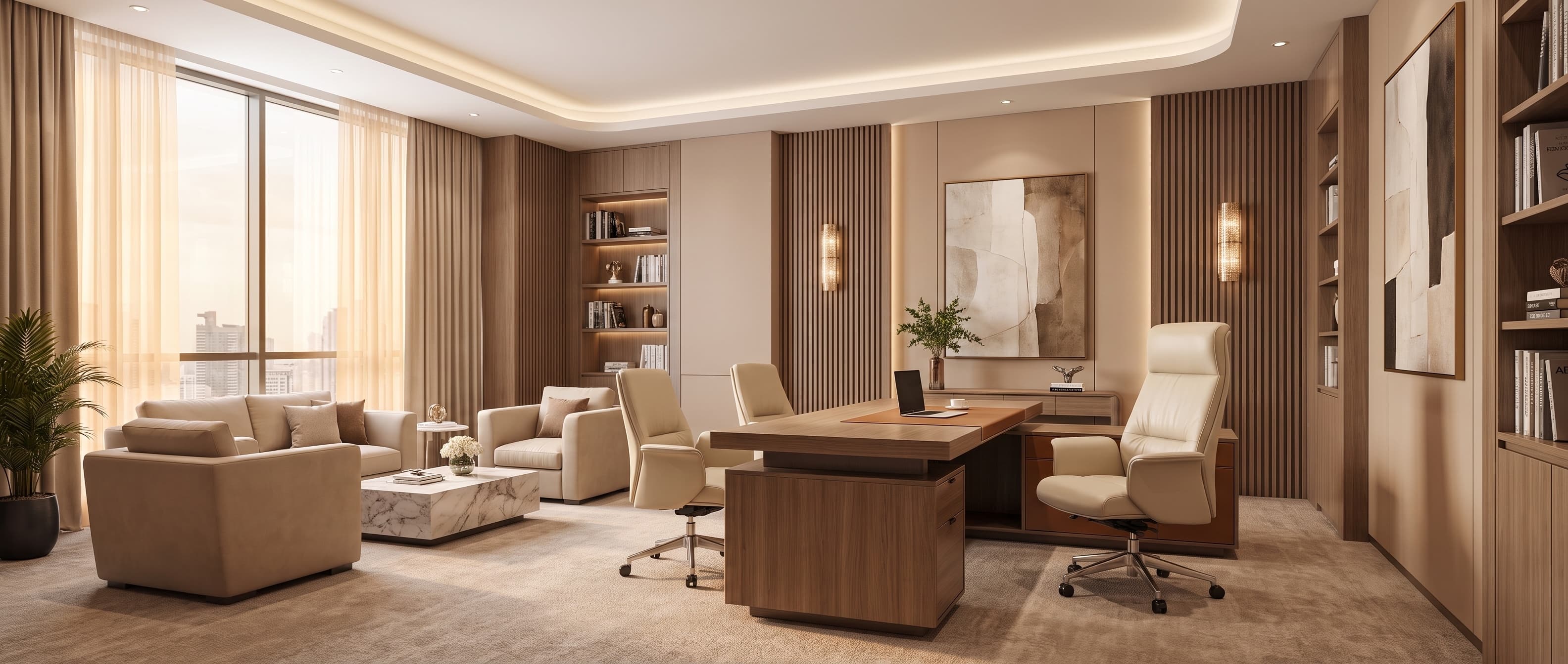 An executive room: desk facing a seating group, timber panelling and a window wall