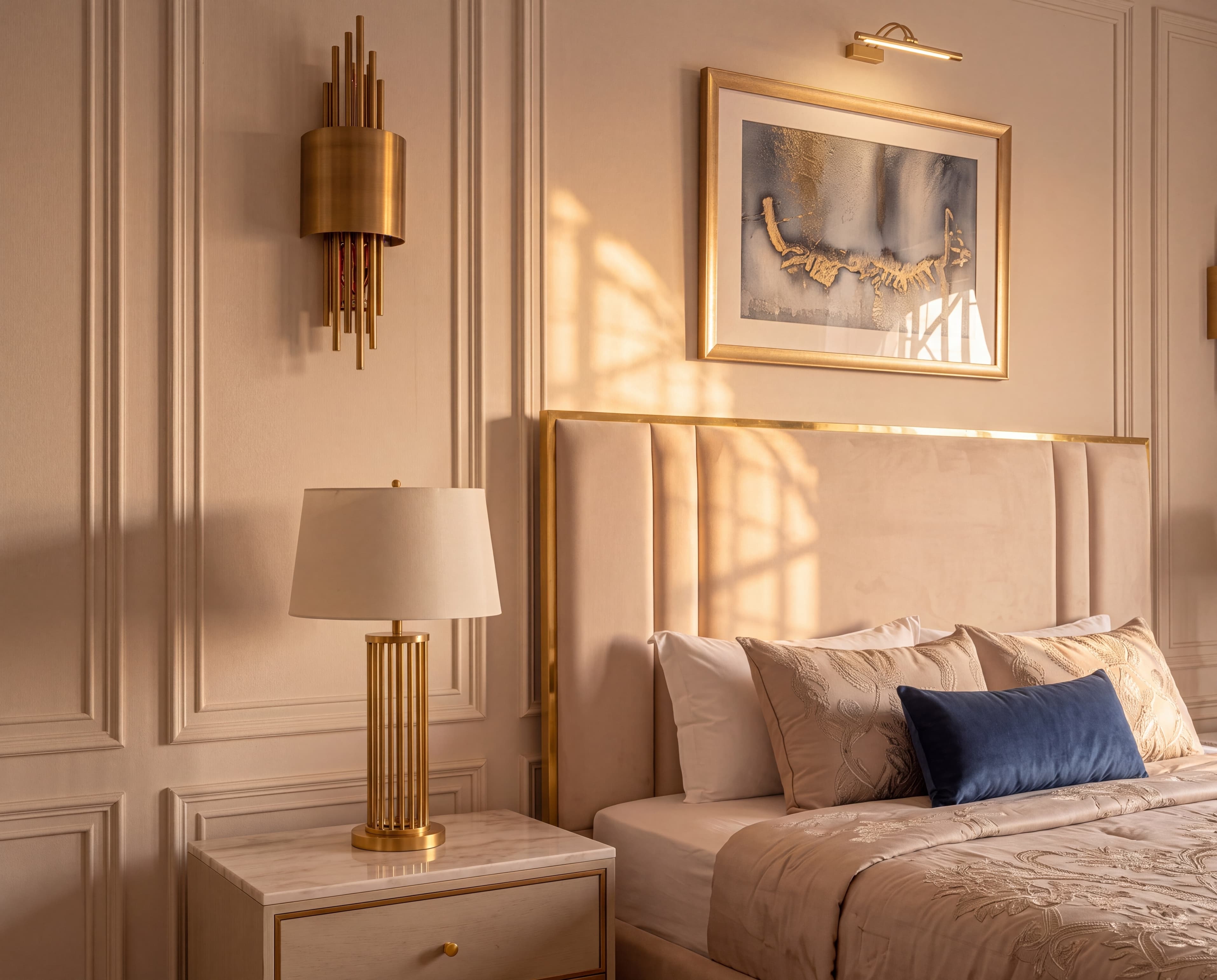 A bedroom in late light: upholstered headboard with a brass frame, picture light and a marble bedside table