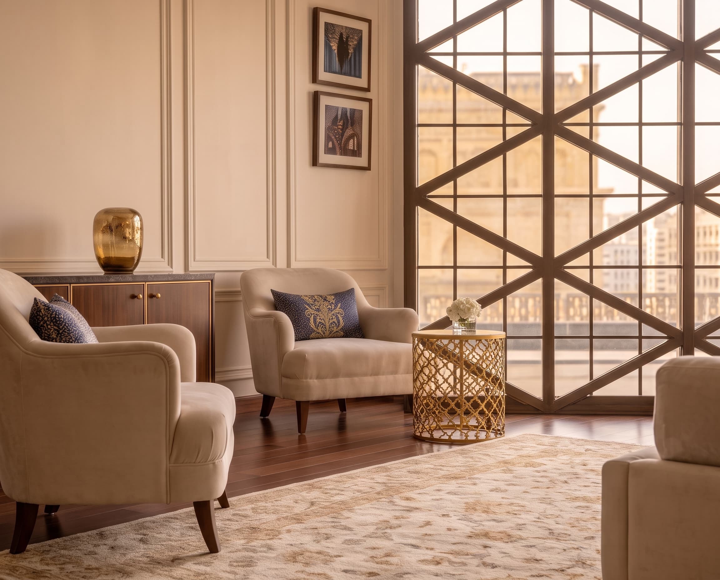 A seating corner beside the arched lattice window, armchairs on a patterned rug with the city beyond