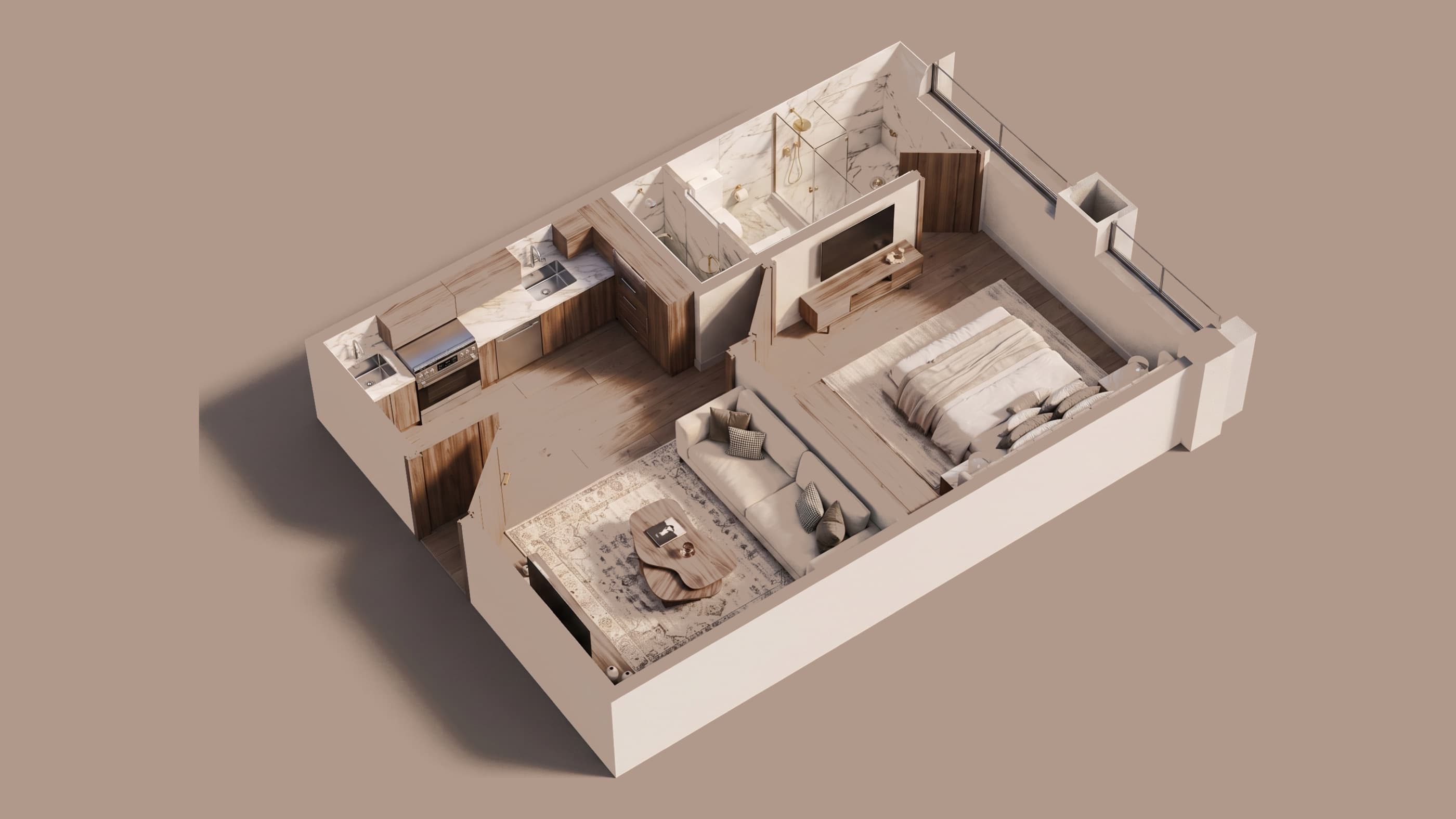 Cutaway of a one bedroom apartment: walnut kitchen in marble, a marble shower room, and the bedroom opening to a balcony beyond the lounge
