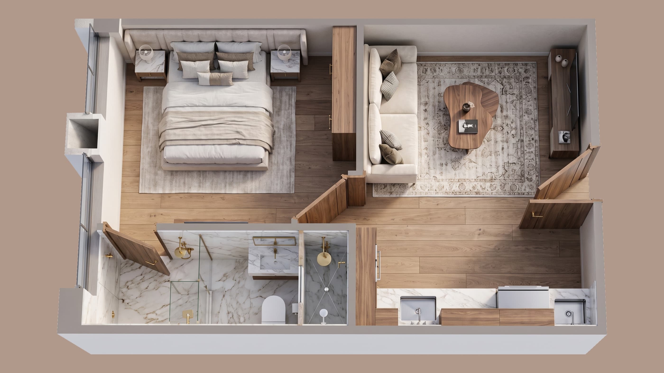 Plan of a one bedroom apartment: bed against the window wall with a rug and side tables, a marble bath and shower room, and a lounge with sofa, patterned rug and a run of kitchen units