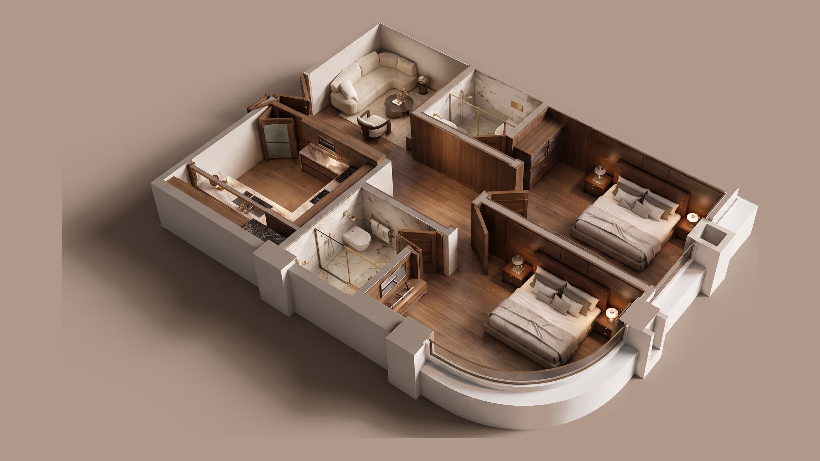 Cutaway of a two bedroom apartment: both bedrooms in walnut joinery following the curved balcony wall, each with its own marble shower room, and a curved sofa in the lounge