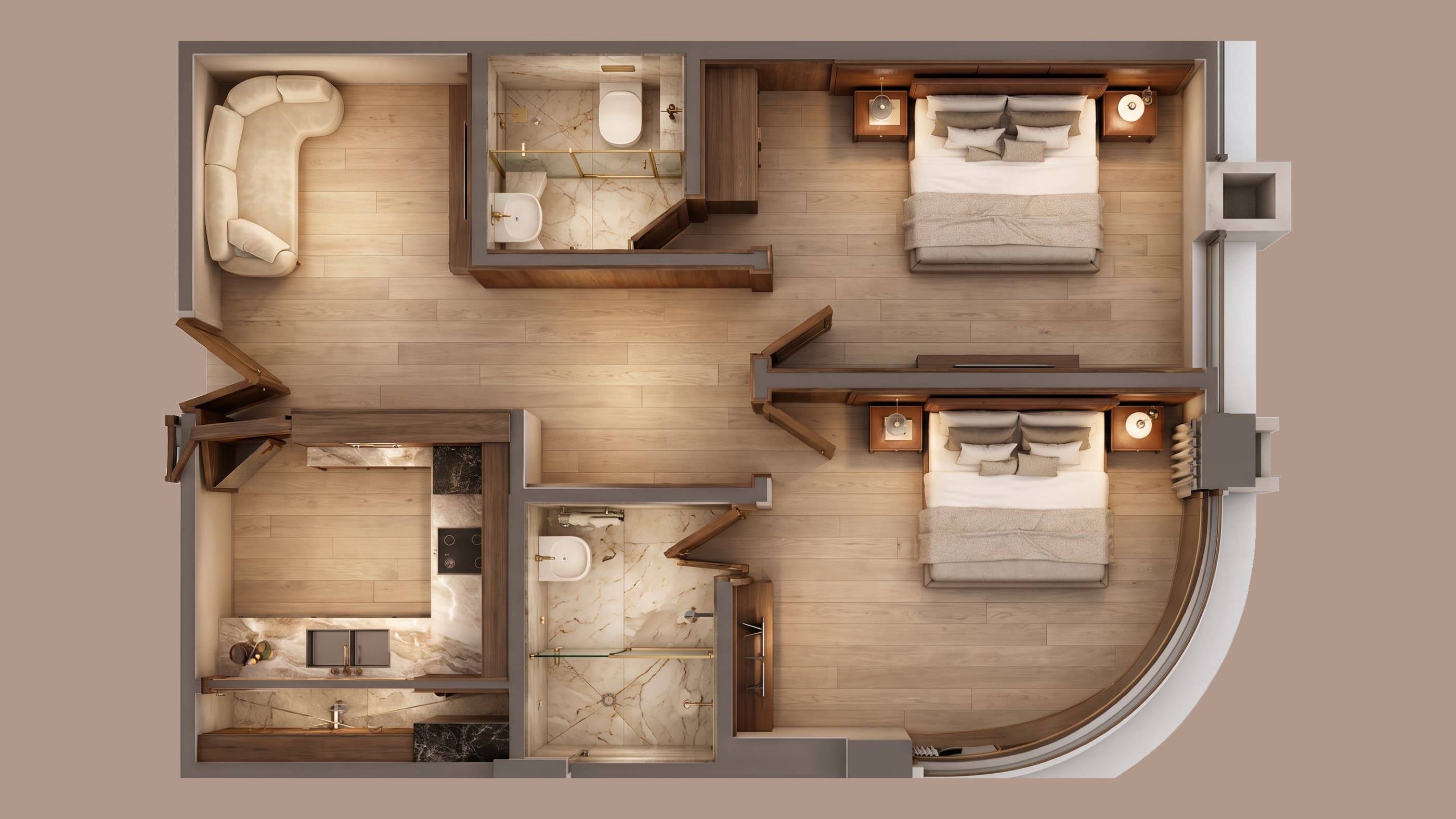 Plan of a two bedroom apartment: two beds in walnut joinery along the curved outer wall, two marble shower rooms, a curved sofa in the lounge and a kitchen in dark marble